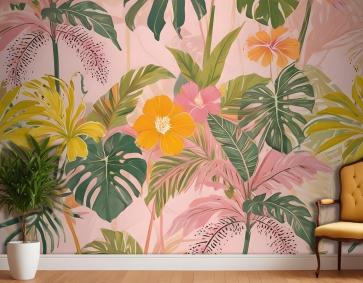 Suluboya Renkli Yaz Tropikal Yaprak Duvar Kağıdı