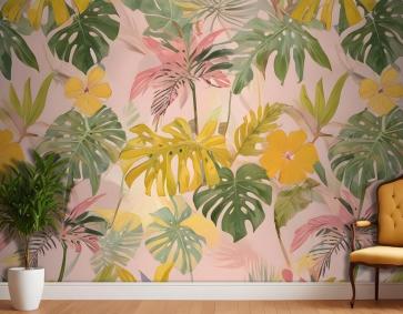 Suluboya Renkli Yaz Tropikal Yaprak Yatak Odası Duvar Kağıdı