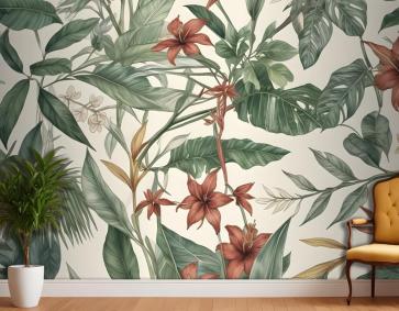 Suluboya Yeşil Tropikal Yapraklar Duvar Kağıdı