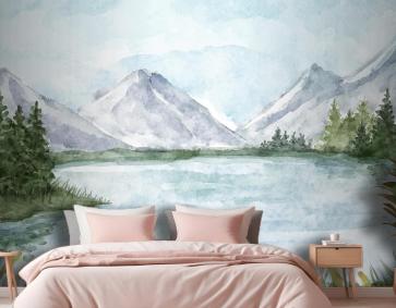 Suluboya Göl Manzarası Yatak Odası Duvar Kağıdı