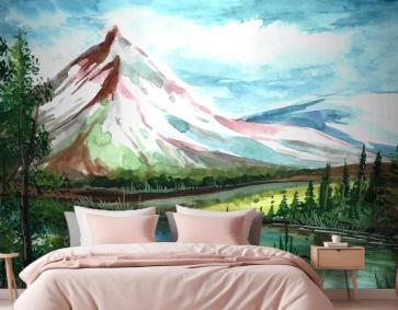 El Çizimi Bahar Manzara Sahnesi Suluboya Yatak Odası Duvar Kağıdı