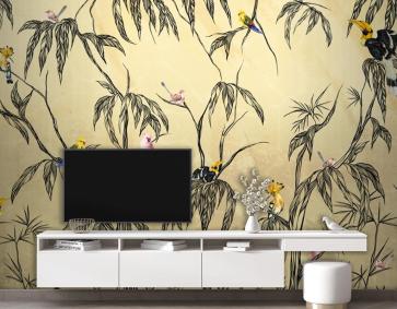 Dokulu Bej Duvar Kağıdı Duvarında Tropik Kuş