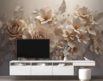 3D Görünümlü Kabartmalı Çiçek Duvar Kağıdı