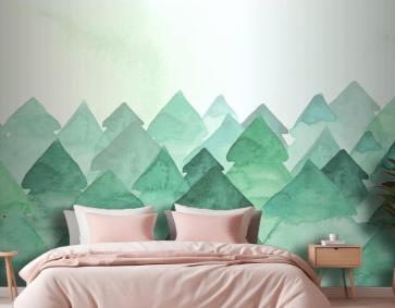 Köknar Ağaçları Ile Suluboya Resim Yatak Odası Duvar Kağıdı