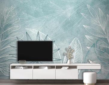 Turkuaz  Beyaz Yapraklar Duvar Kağıdı