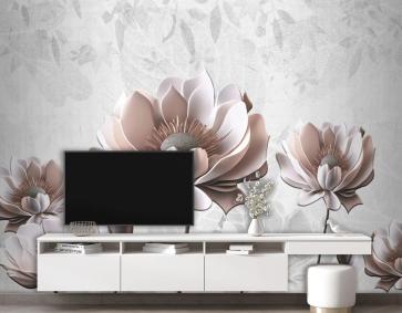 Çiçek Resimli Açık Gri Arka Planlı 3D Duvar Kağıdı