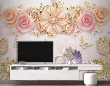 Çiçekli Mor Kuğulu Arka Planlı 3D Duvar Kağıdı Tasarımı