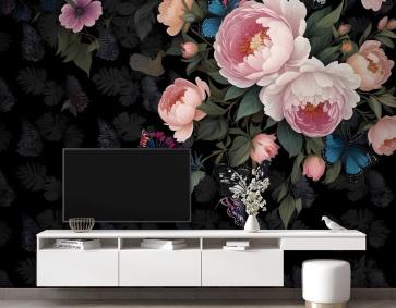 Koyu Pembe Çiçekler Ve Sarı Kelebek Duvar Kağıdı