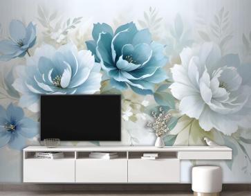 Avrupa Tarzı 3D Görünümlü Mavi Yeşil Çiçek Duvar Kağıdı 