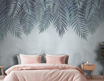 Palmiye Yaprakları Soluk Mavi Çiçekler Yatak Odası Duvar Kağıdı