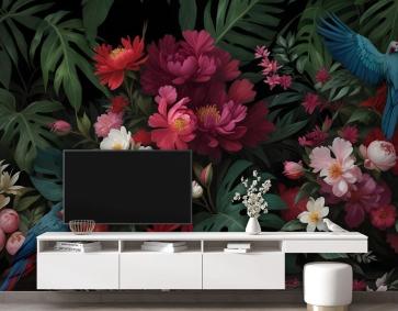 Renkli Çiçekli Mavi Papağan Duvar Kağıdı 