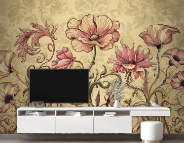 Sarı Zeminde Çiçekler Vintage Duvar Kağıdı