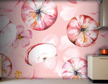 Dikişsiz Desen Elma Ve Çiçek Boyalı Mutfak Duvar Kağıdı