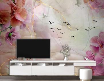 Suluboya Gölde Kuğu Ve Çiçek 3D Duvar Kağıdı