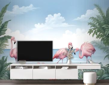 Flamingolu Tropikal Manzara Duvar Kağıdı