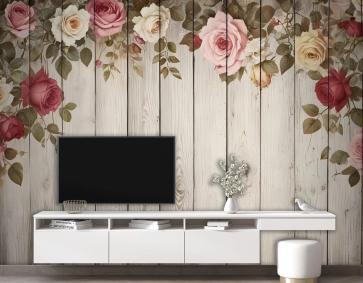 Vintage Çiçekli Ahşap Duvar Duvar Kağıdı 