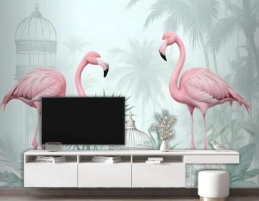 Tropikal Yapraklı Vintage Pembe Flamingo Duvar Kağıdı