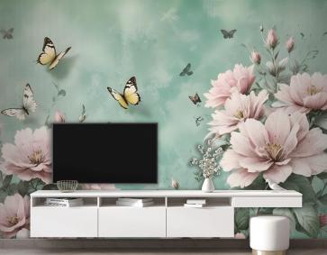 Vintage Pembe Çiçek Ve Sarı Kelebek Duvar Kağıdı