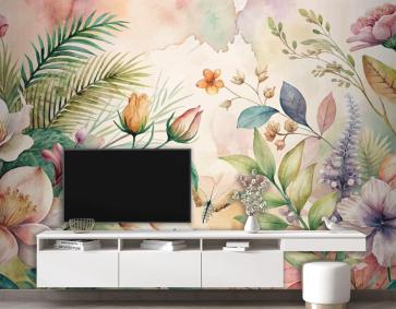 Çiçekler Ve Yemyeşil Bitkiler İçeren Suluboya Arka Plan Duvar Kağıdı