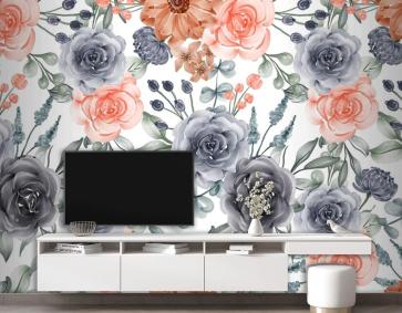 Suluboya Arka Plan Dikişsiz Desen Çiçek Lacivert Ve Şeftali Duvar Kağıdı