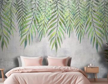 Yukarıdan Asılı Suluboya Yaprakları Yatak Odası Duvar Kağıdı