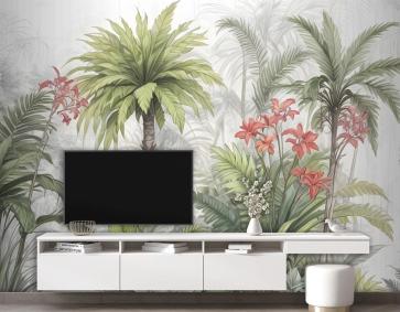 Suluboya Tropikal Yaprak Ve Çiçekler Duvar Kağıdı