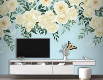 Beyaz Çiçekler Ve Sarı Kelebek Duvar Kağıdı 