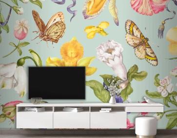 Yeşil Arka Planda Renkli Vintage Çiçek Deseni Duvar Kağıdı