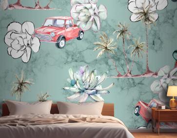 Dikişsiz Desen Tropikal Ve Palmiye Ağaçları Yatak Odası Duvar Kağıdı