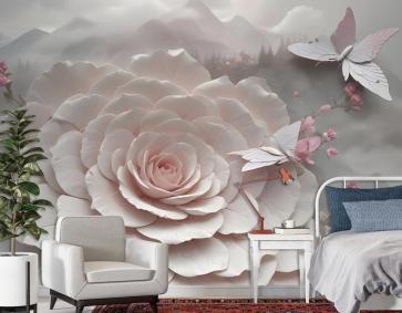 3D Kabartmalı Görünümlü Çiçek Ve Kelebek Duvar Kağıdı