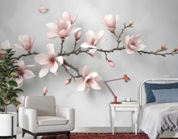 3D Görünümlü Pembe Manolya Çiçeği Duvar Kağıdı