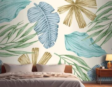 Vintage Yapraklı Tropikal Arka Plan Yatak Odası Duvar Kağıdı