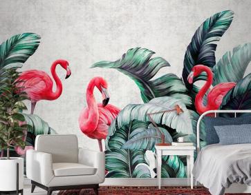 Pembe Flamingolar Ve Tropikal Yapraklar Duvar Kağıdı Tasarımı