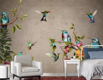 Tropikal Yapraklar Ve Renkli Kuşlar Duvar Kağıdı