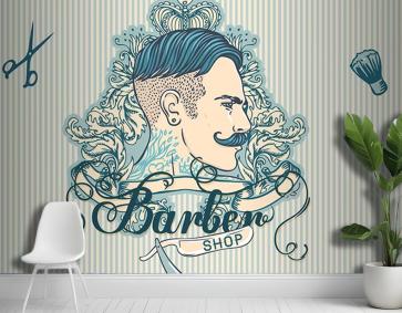 Erkek Kuaför Salonu Mavi Çizgili Duvar Kağıdı