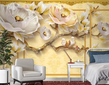 Kalıplı Klasik Iç Duvar 3D Çiçek Ve Kuşlar Duvar Kağıdı