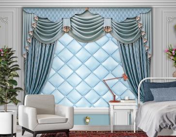 Kalıplı Klasik Iç Duvar Mavi Perde Fon 3D Duvar Kağıdı