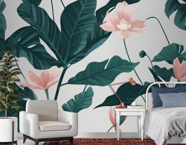 Pembe Çiçek Ve Yapraklar Duvar Kağıdı