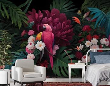 Renkli Çiçekli Pembe Papağan Duvar Kağıdı 