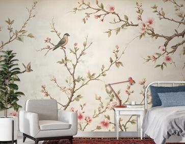 Küçük Kuşlar Ile Yumuşak Çin Çiçekleri Duvar Kağıdı