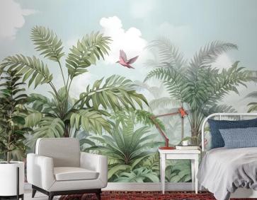 Kuşlar Ve Çiçeklerle Tropikal Yapraklar Duvar Kağıdı