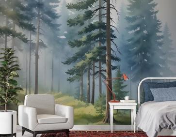 Suluboya Resim Puslu Orman Manzarası Duvar Kağıdı 