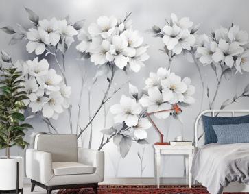Suluboya Resim Beyaz Çiçekler Duvar Kağıdı 