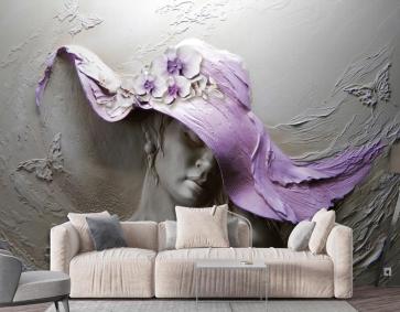 3D Duvar Kağıdı Mor Şapkalı Kadın Gri Soyut Taş Arka Plan