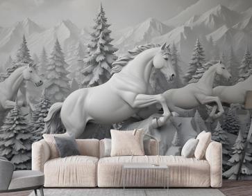 3D Kabartmalı Görünümlü Çimento Melek Atları Duvar Kağıdı