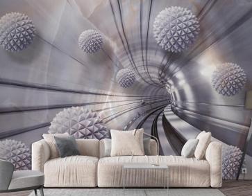 3D Toplar Ve Tren Rayı Tünel Duvar Kağıdı