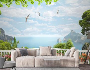 Bahçeli Balkon Ve Deniz Manzarası Duvar Kağıdı