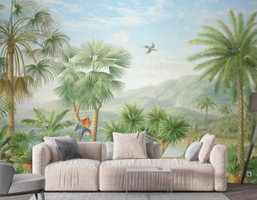 Dağlar Papağanlar Tropik Manzara Duvar Kağıdı