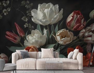 Laleli Koyu Çiçek Hollanda Buketi Duvar Kağıdı
