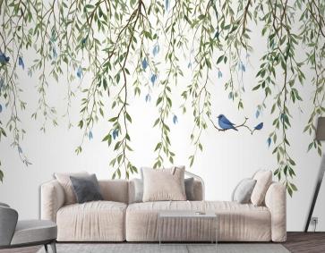 Renkli Kuşlar Duvar Kağıdı Ile Yeşil Asılı Yapraklar